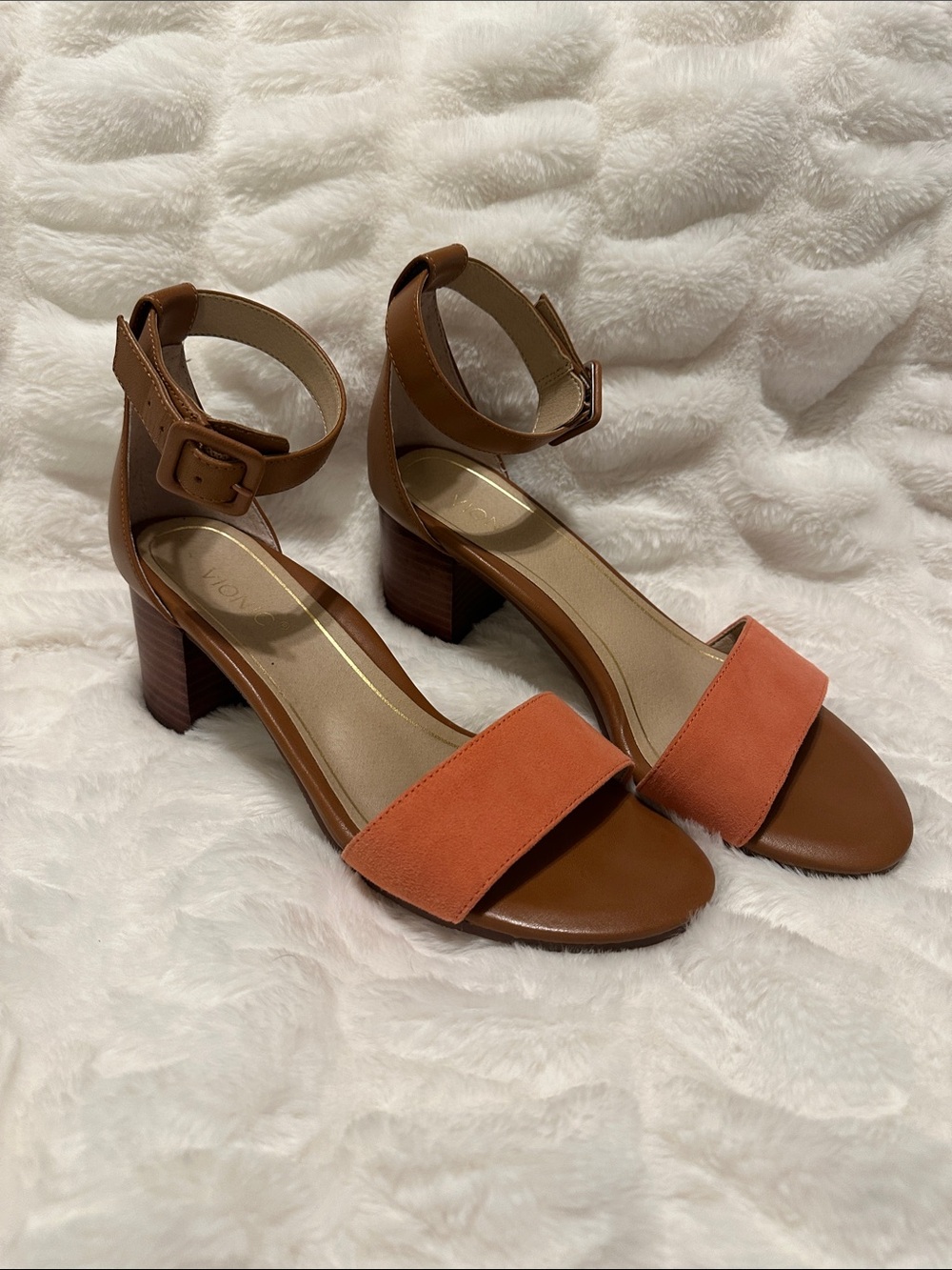 Women's Vionic Two-Tone Ankle Strap Block Heel Sandals - Brown & Coral